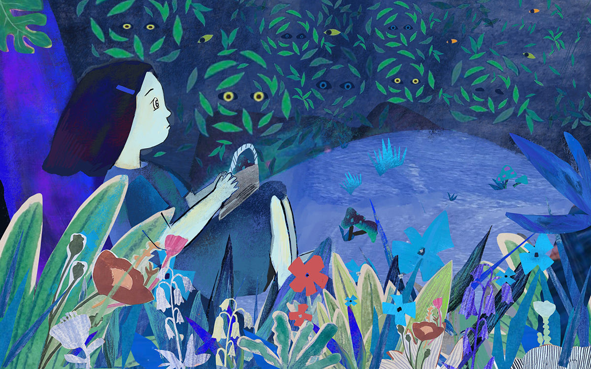 Girl Picking Mushrooms, illustration by Xuanyi Guo