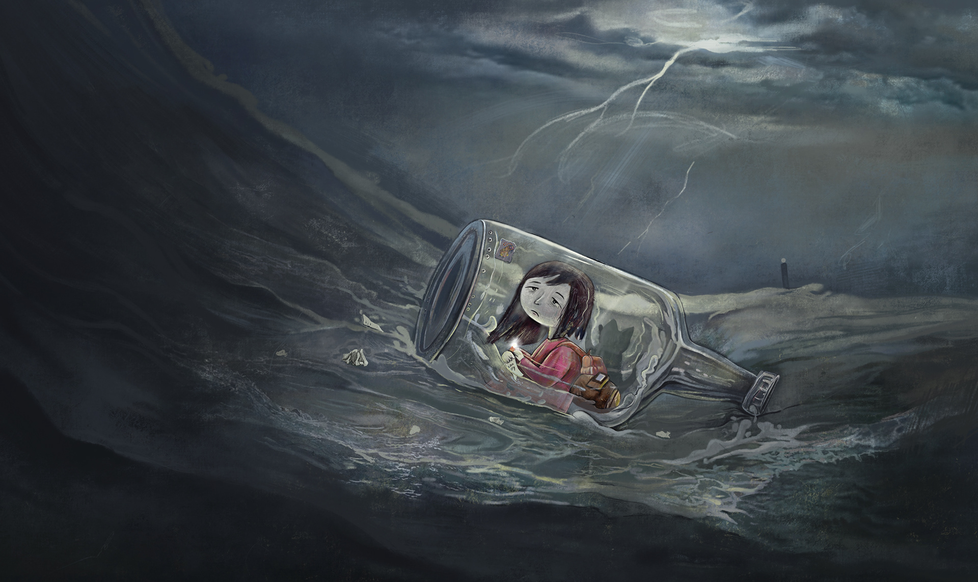 Drifting in a Bottle, illustration by Xuanyi Guo